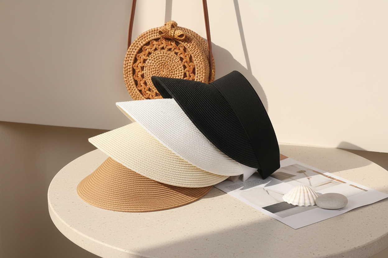 Three straw hats in black, beige, and brown on a white surface with a woven basket in the background.