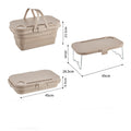 Beige collapsible picnic basket with dimensions displayed