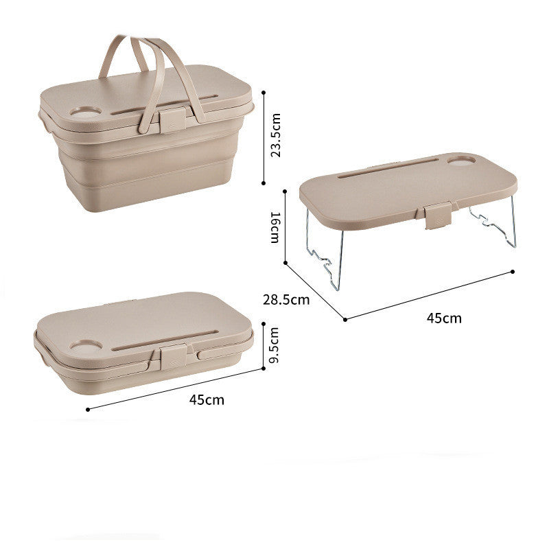 Beige collapsible picnic basket with dimensions displayed