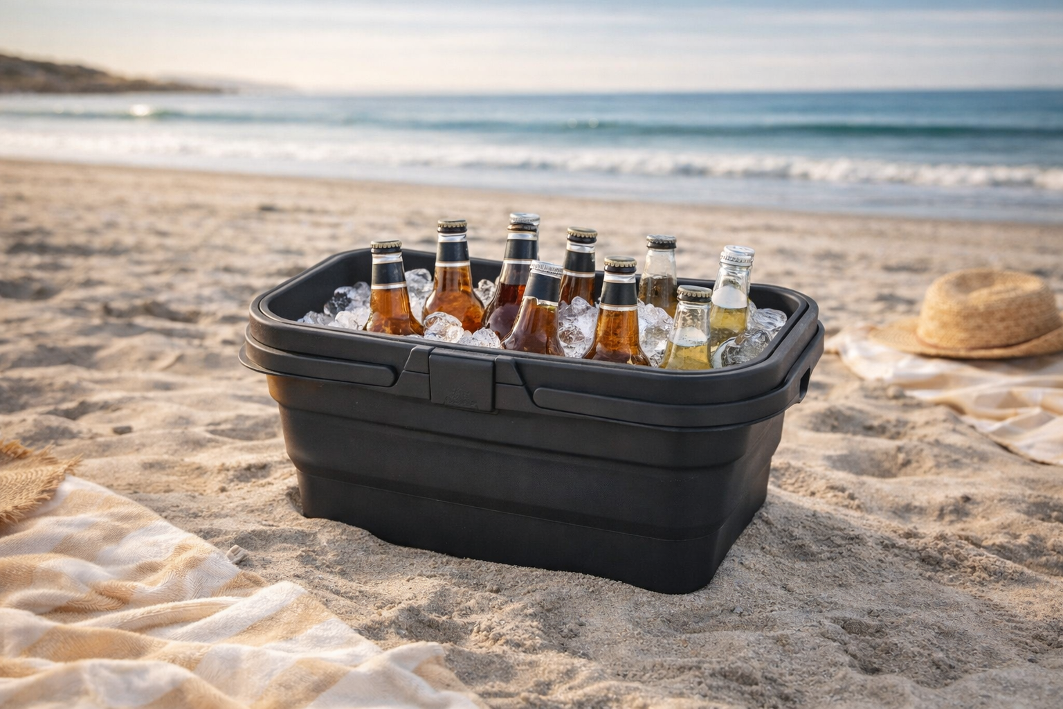 Black cooler with bottles on a sandy beach with ocean view
