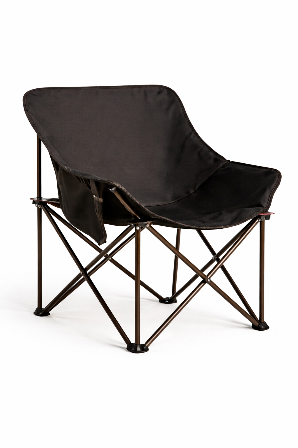 Black folding chair with a fabric seat on a white background