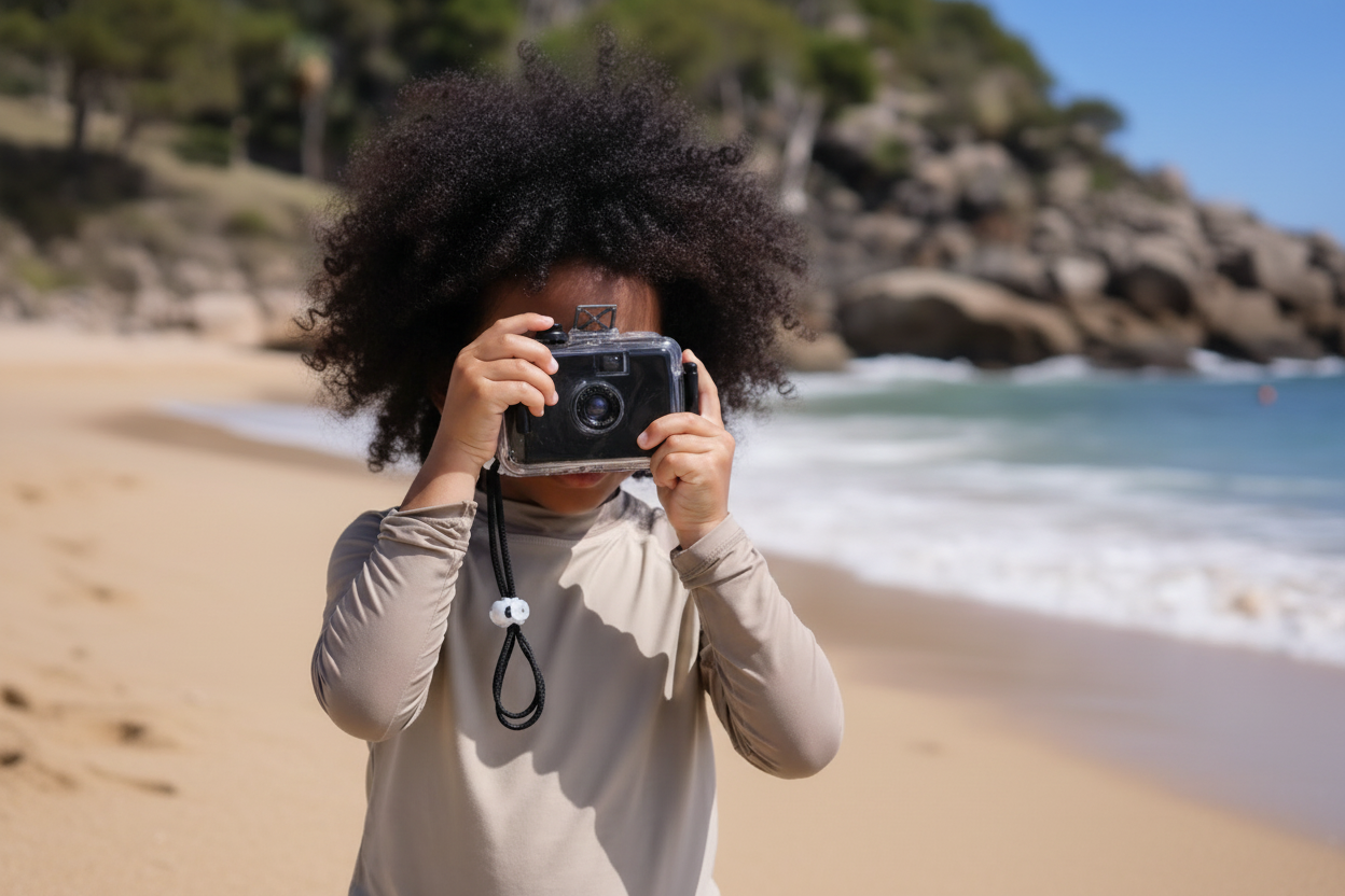 Child holding a vintage camera on a beach
