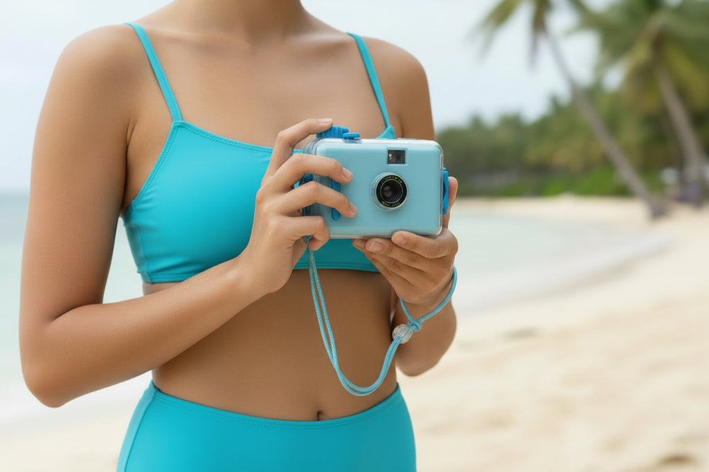 Light blue disposable camera with black eyeglasses and green leaves on a white background