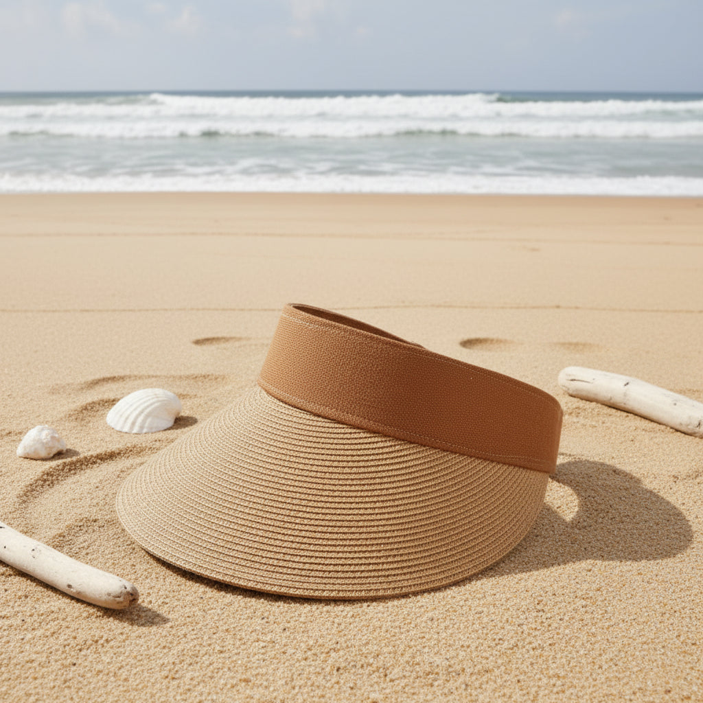 Brown straw visor on a white surface with a magazine underneath