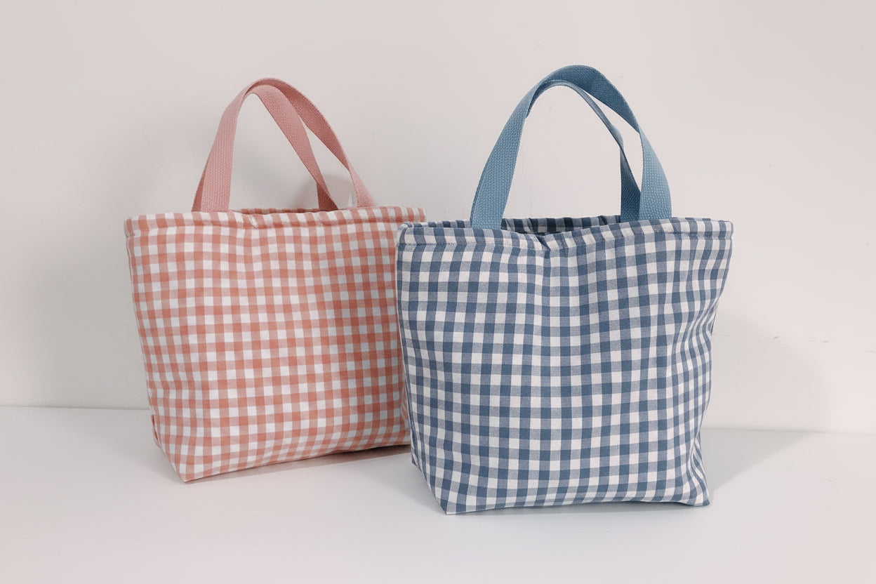 Two gingham checkered bags, one pink and one blue, on a light surface.