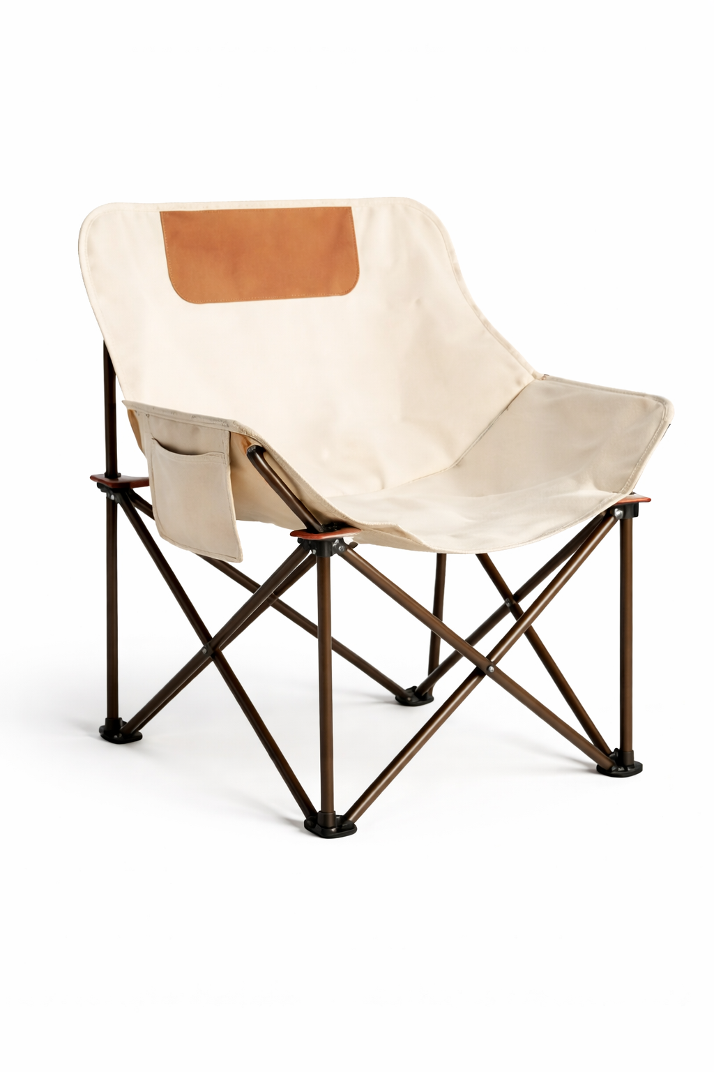 Foldable chair with beige seat and backrest and brown accents on a white background