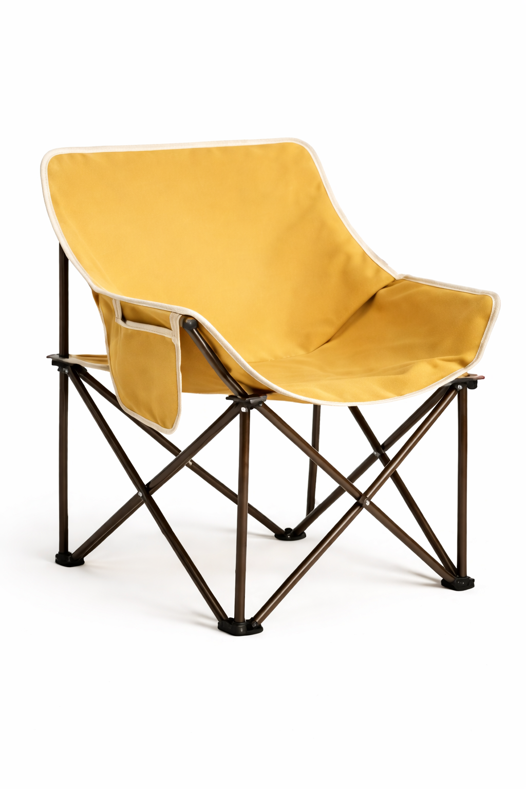 Gold folding chair with a black metal frame on a white background