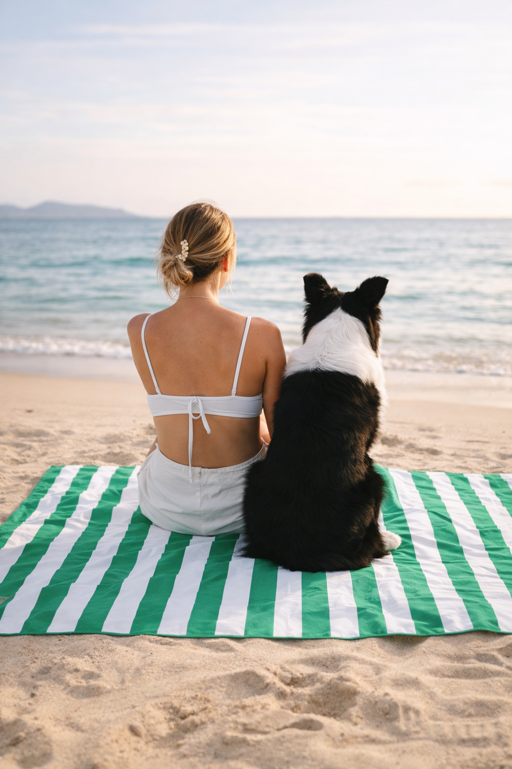 Woman and dog sitting on a green and white striped towel at the beach