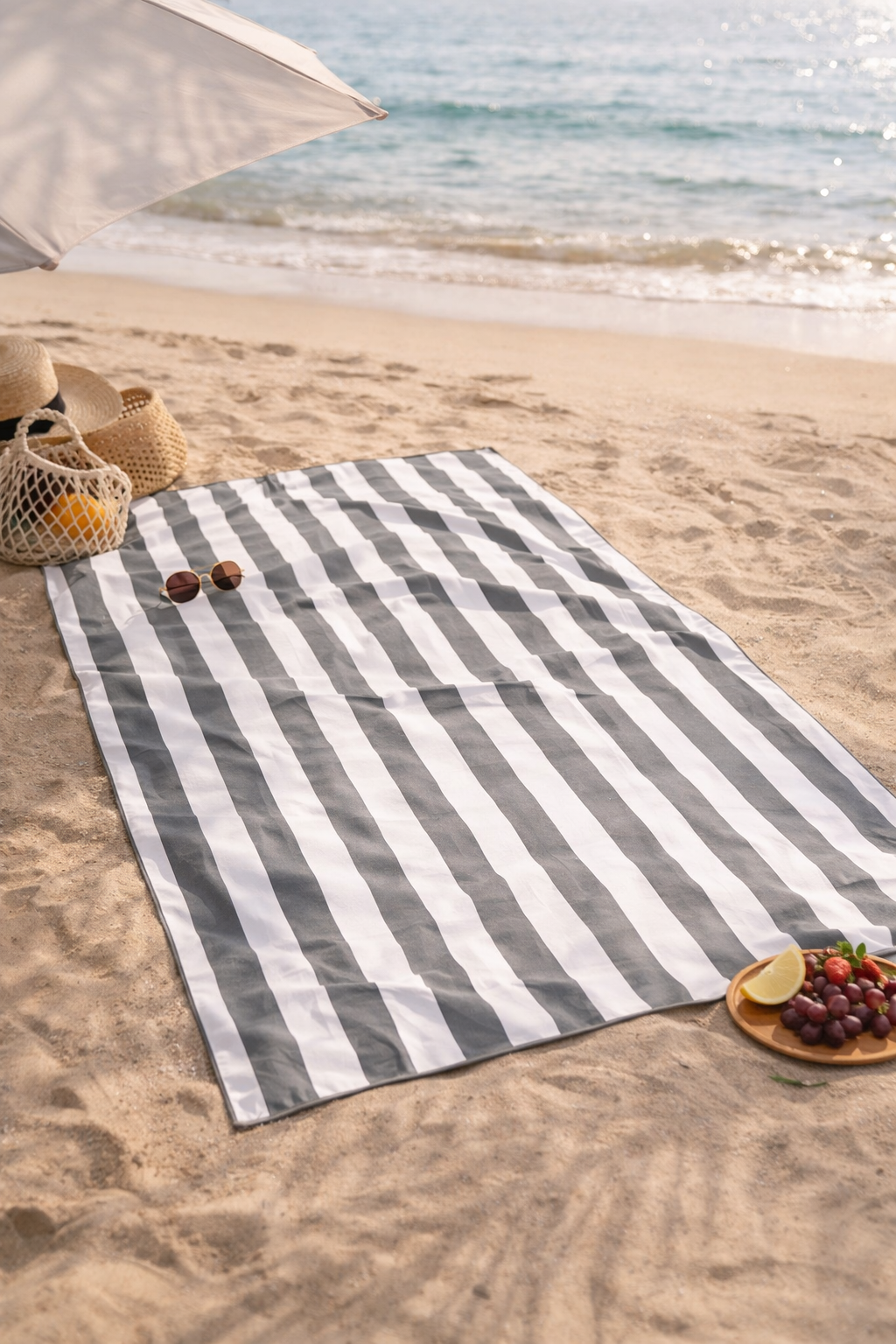 Striped beach towel on sand with ocean view