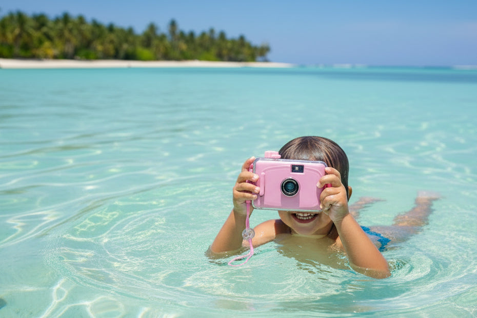 Pink camera-shaped product on a pink background with decorative elements