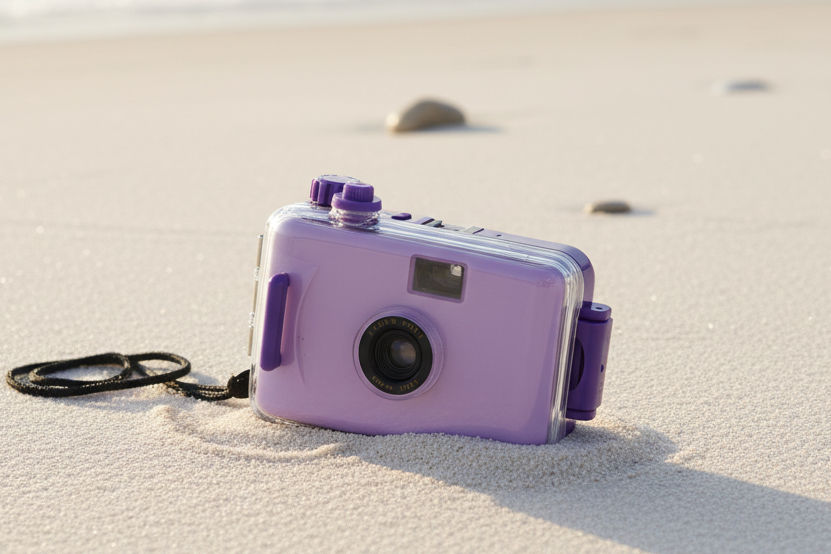 Purple camera with lens cap, glasses, and plant on a white background