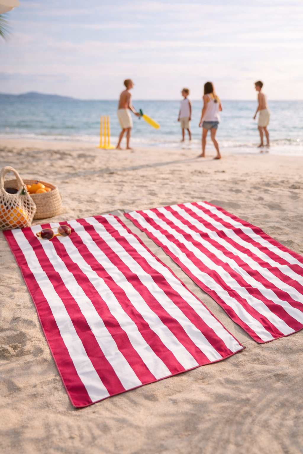 Red and white striped beach towel on sand with people playing in the background.