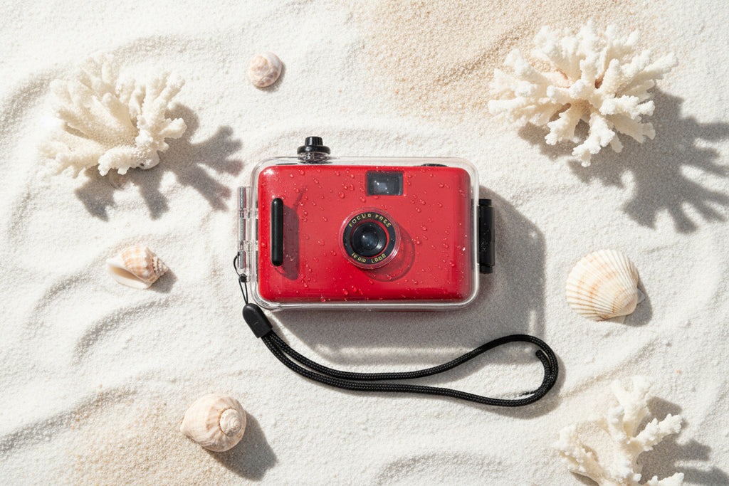 Red camera at the beach
