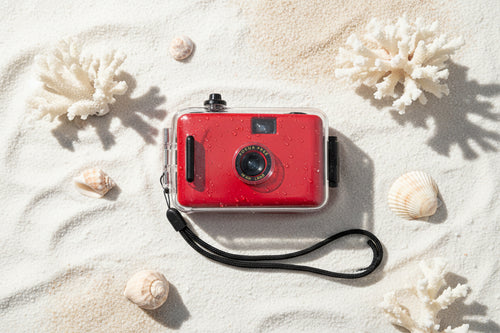 Red camera at the beach