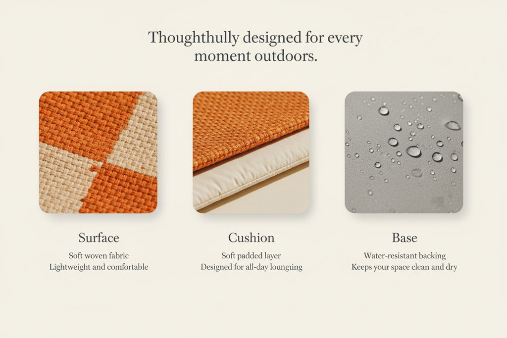 Textured fabric sample with layers labeled and descriptions on a white background