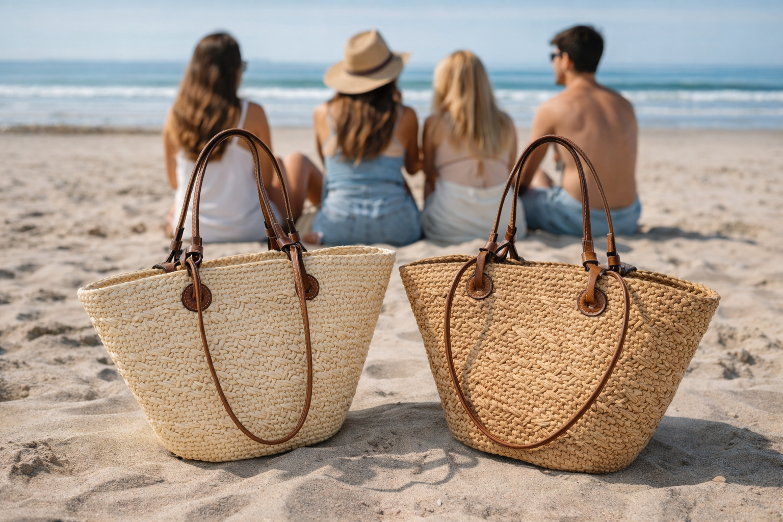 Two straw bags on a sandy beach with people sitting in the background.