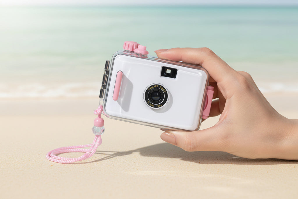 White camera with pink accents on a colorful background with lemon slices and feathers.