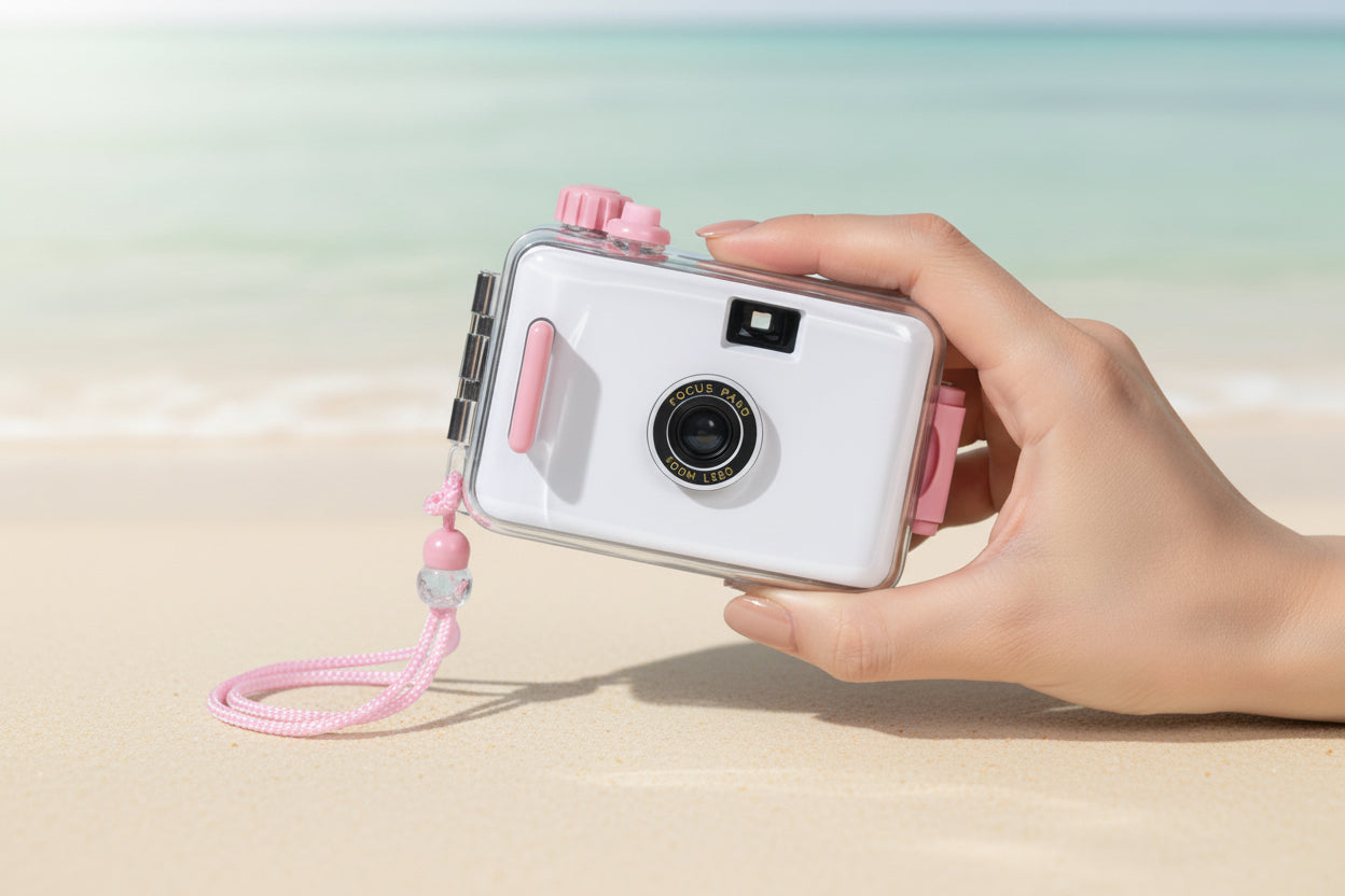 White camera with pink accents on a colorful background with lemon slices and feathers.