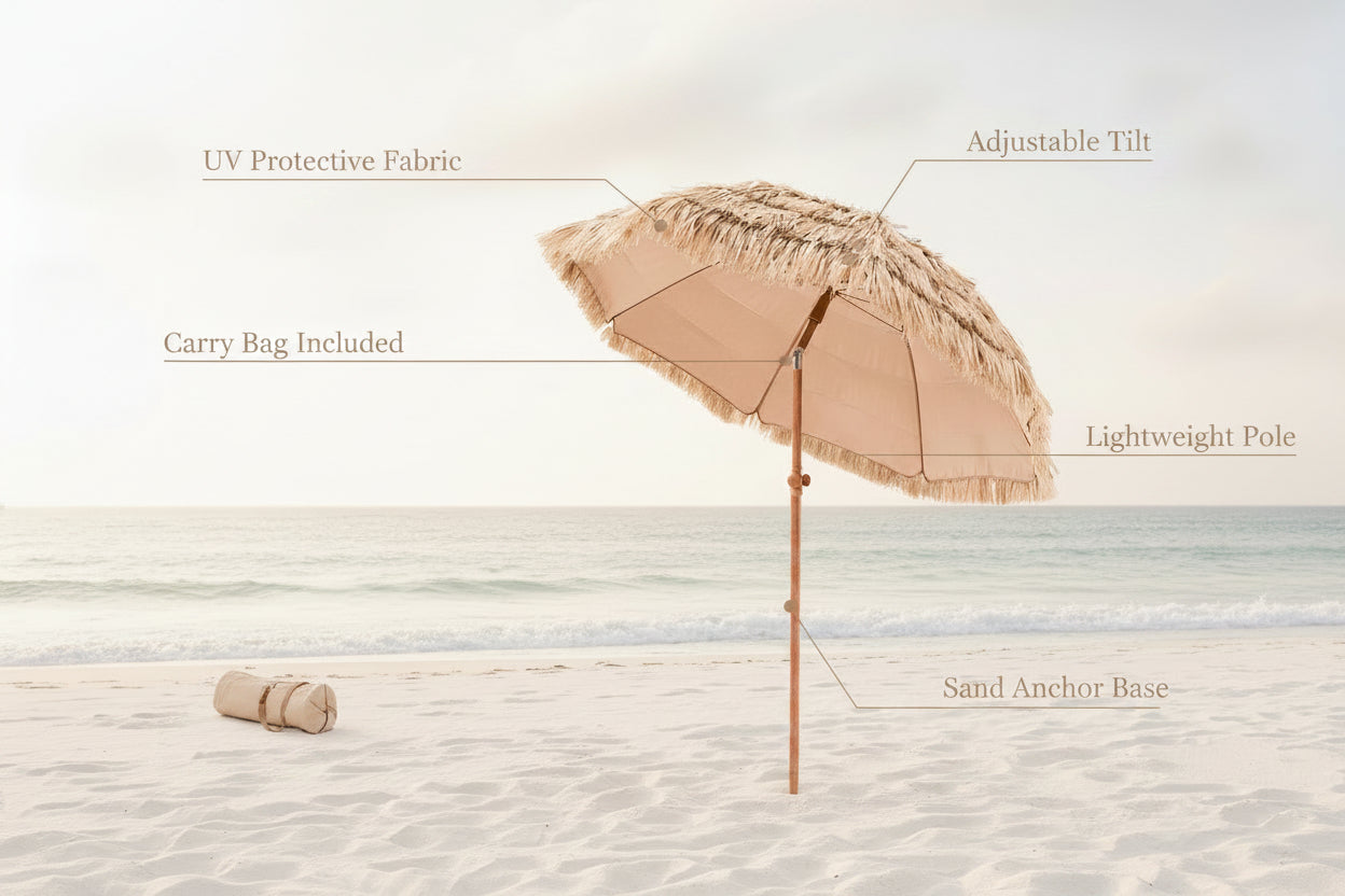 Beige beach umbrella with detailed features on a light blue background