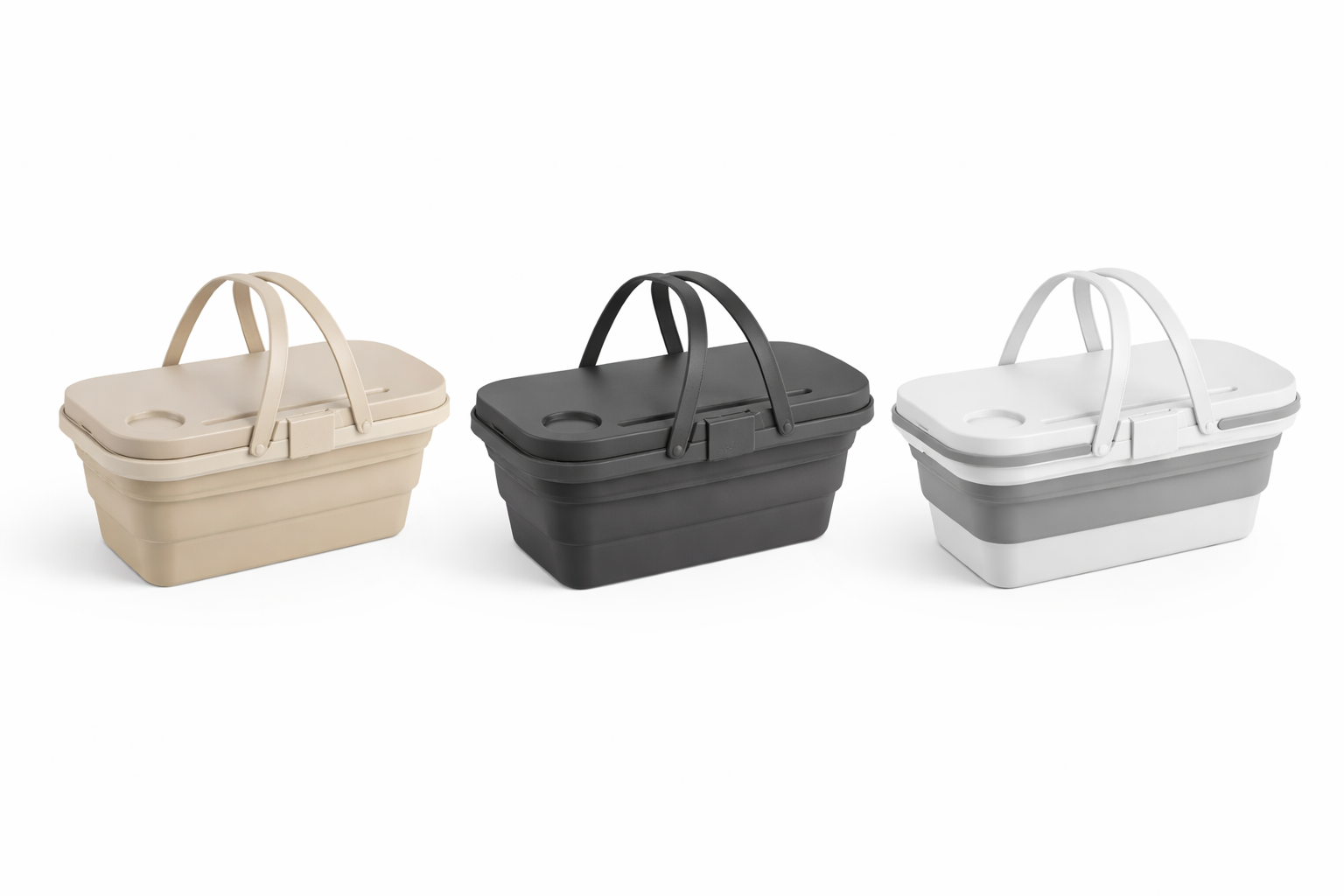 Three collapsible baskets in beige, black, and gray on a white background