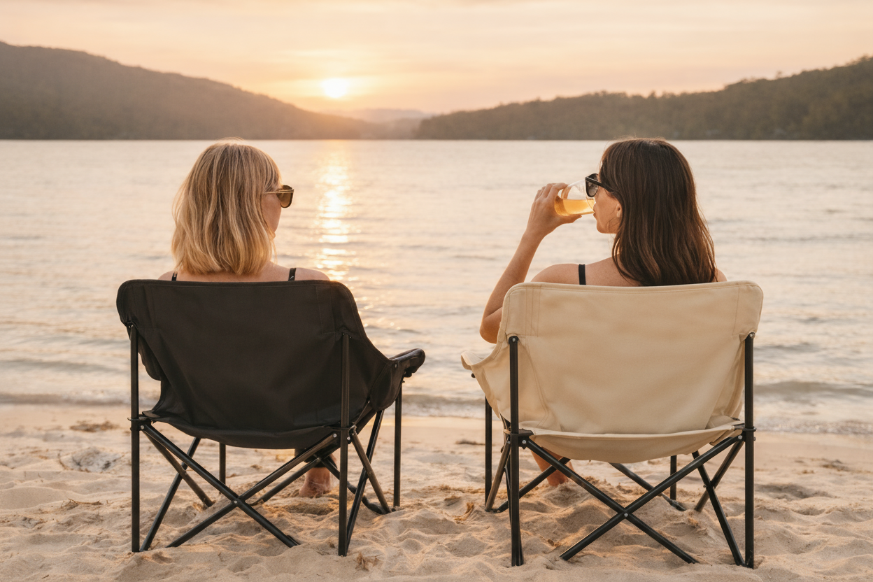 Two women sitting in beach chairs by a lake at sunset, one taking a photo.