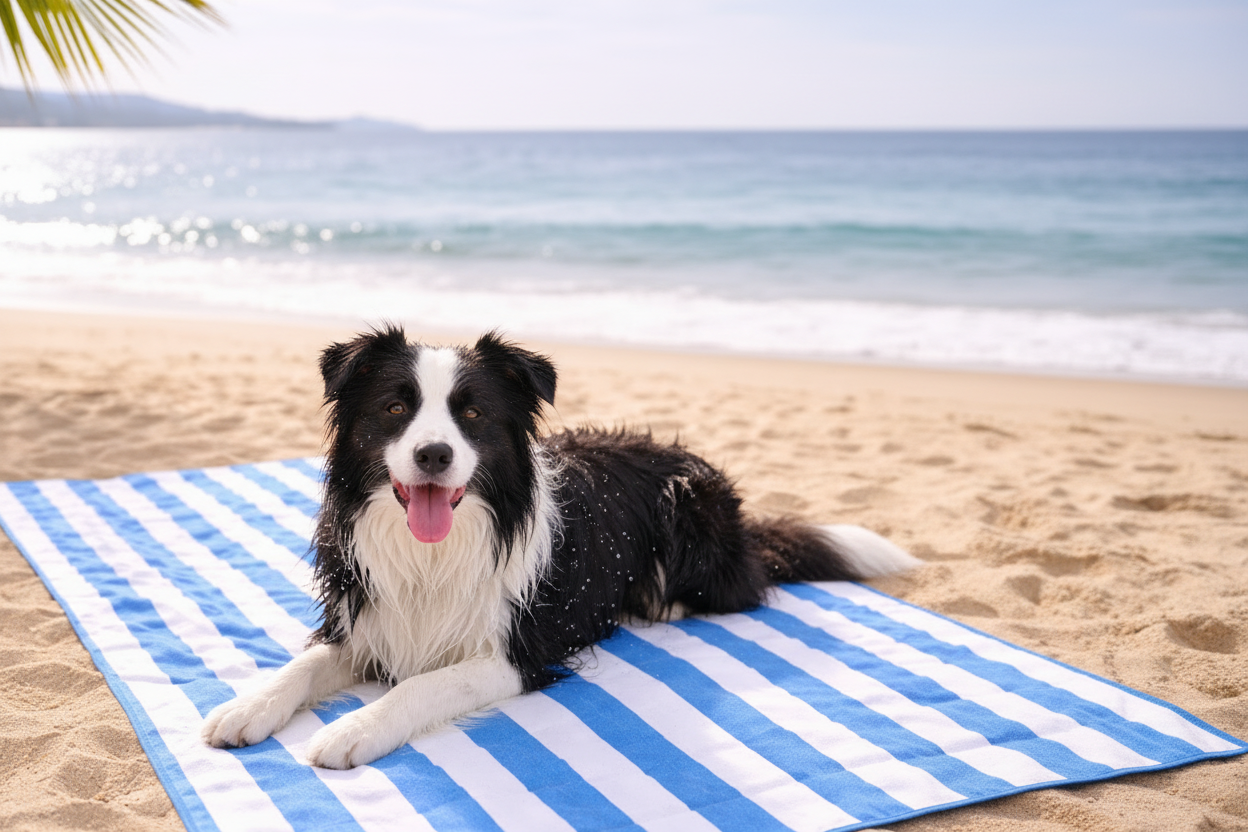 Dog lying on a blue and white striped towel at the beach with ocean in the background