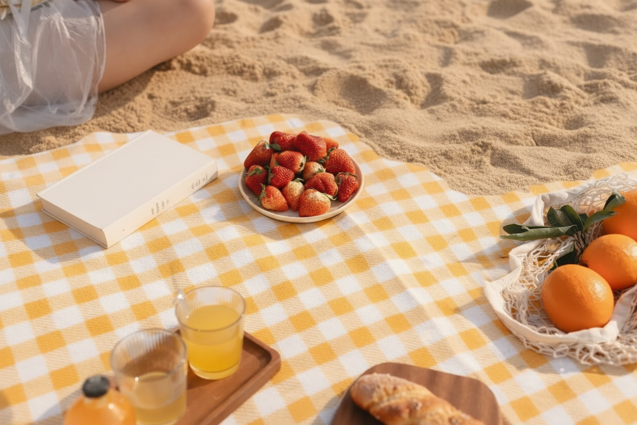 yellow checkered beach towel with food and a book on a beach.